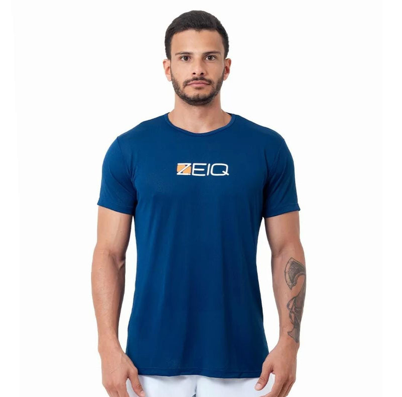 Camiseta Esportiva ZEIQ Slim Dry Azul marinho - Logo Branco e laranja