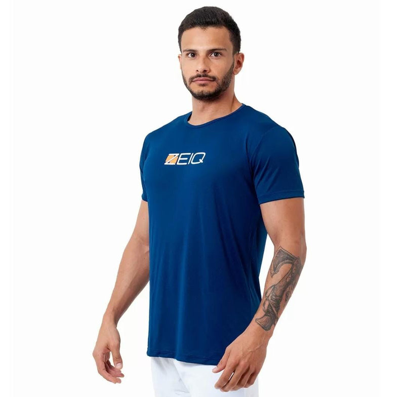 Camiseta Esportiva ZEIQ Slim Dry Azul marinho - Logo Branco e laranja
